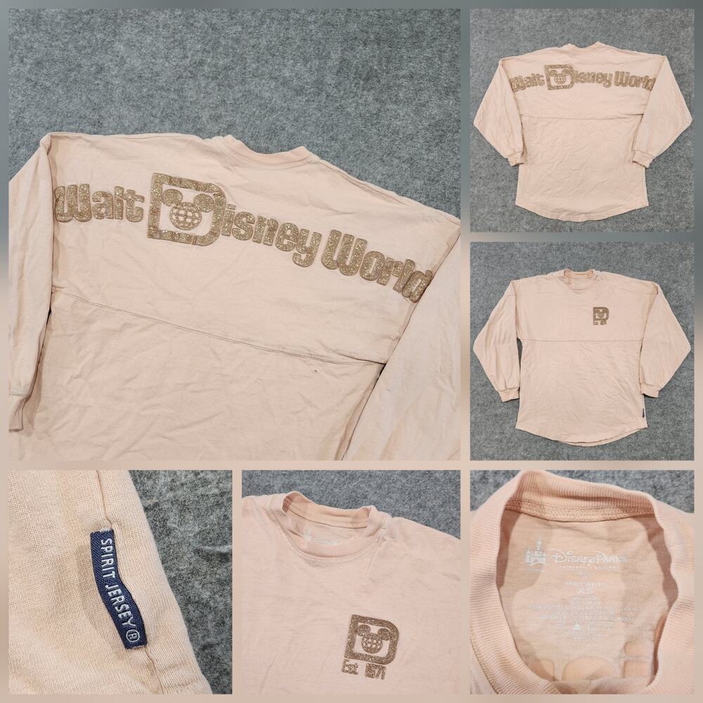 Walt Disney World Peach Spirit Jersey Glittery Rose Goldโ Letters Womens XS